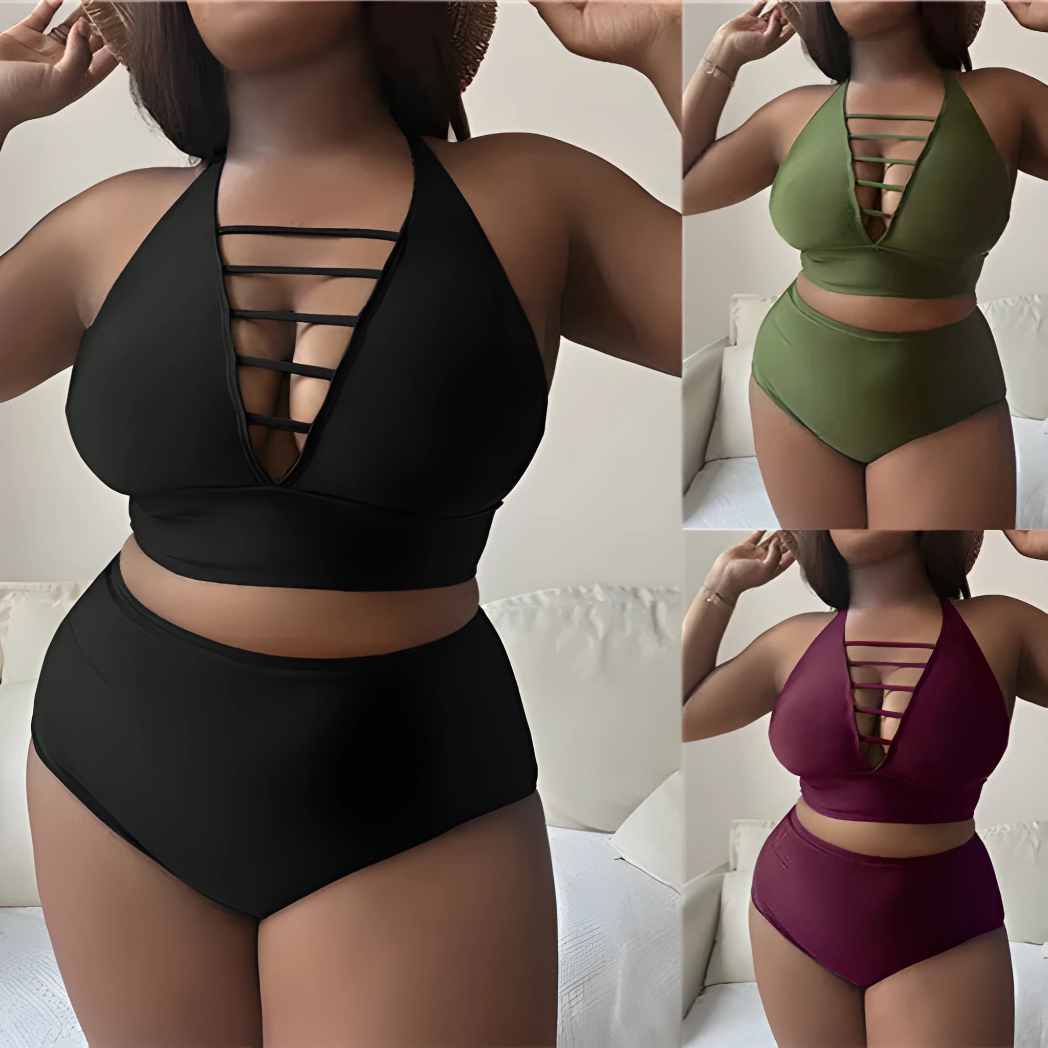 Plus size women's halter bikini set with adjustable cross straps and high waist briefs in solid colour
