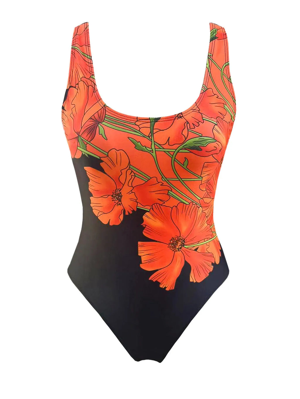 Orange floral print backless one-piece swimsuit laid flat, showing slim fit and polyester material.