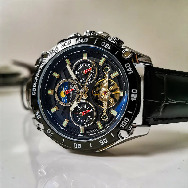 Automatic mechanical mens watch with silver stainless steel case and black dial
