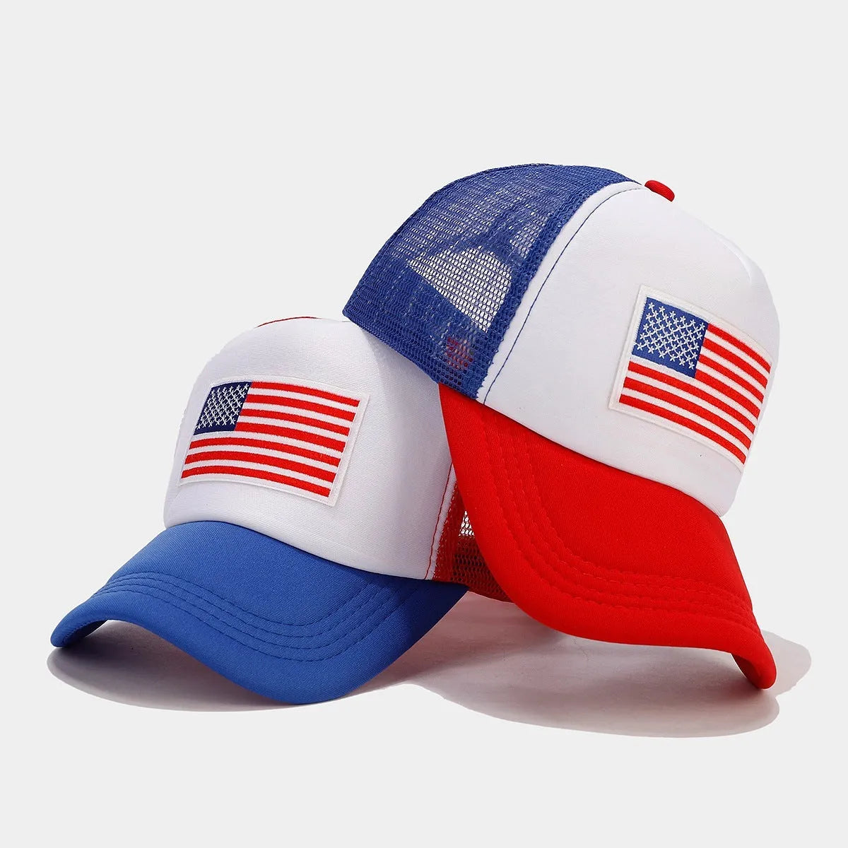 Red and blue contrast mesh breathable baseball cap with adjustable strap and dome crown design