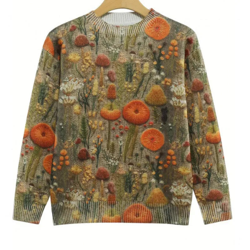 Women's lilac floral printed round neck sweater on a hanger showing the knitted texture.