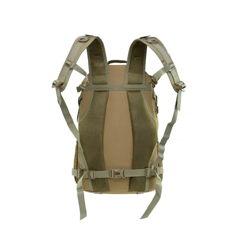 Outdoor mountaineering backpack in Oxford cloth with air pillow belt system shown in camouflage colour