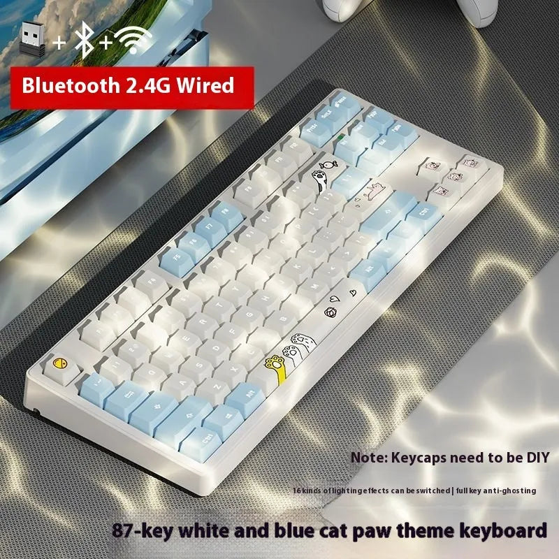Triple-mode mechanical keyboard in various colour options showing 87-key and 108-key layouts