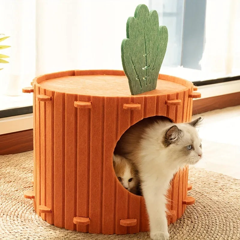 Orange carrot-shaped cat tunnel bed made of felt, showing its semi-enclosed design and entrance.