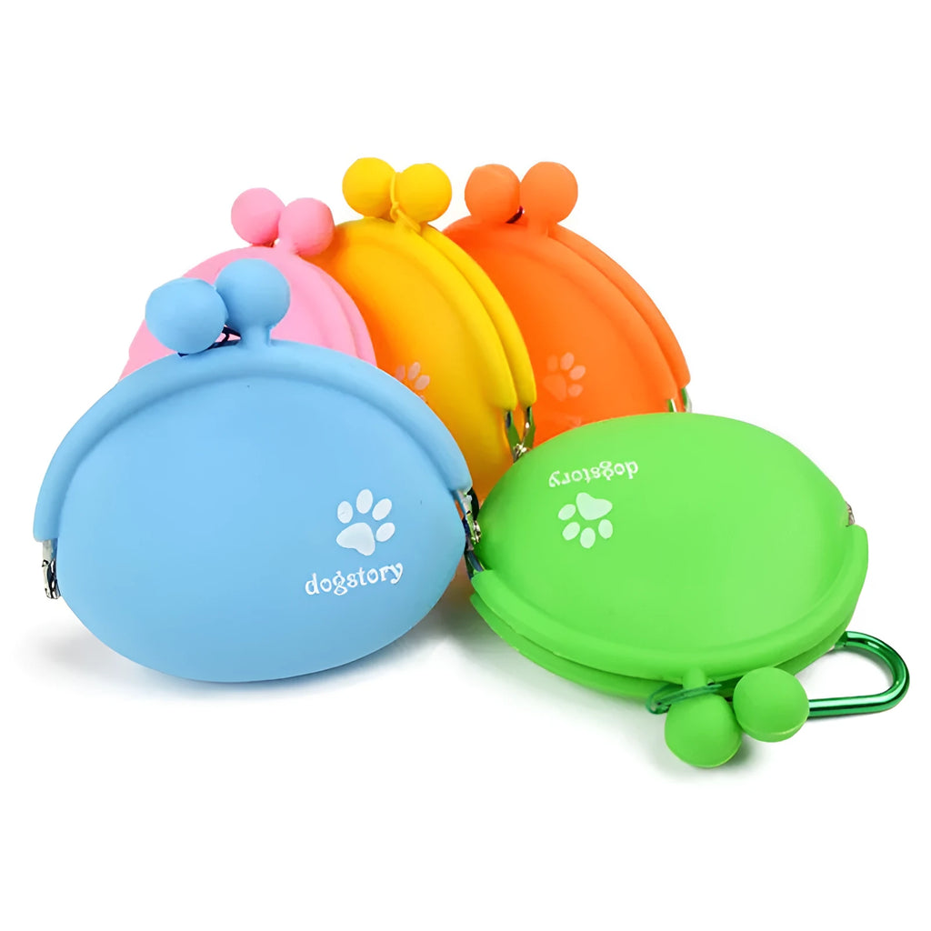 Yellow silicone pouch with hook-and-loop closure for dog treats, shown on a waistband.