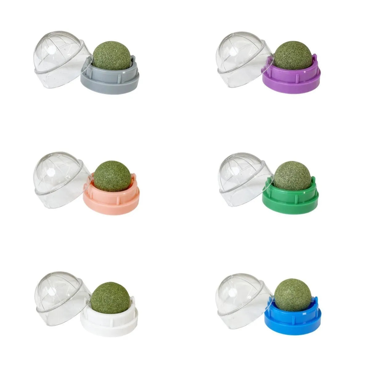 Plastic catnip ball toy with teeth cleaning design in various colours including pink, blue, green, and avocado mint