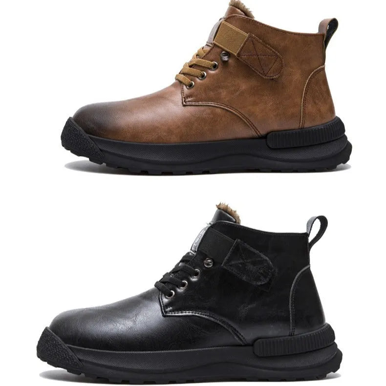 Black and brown platform Martin boots with high-top design and rubber sole