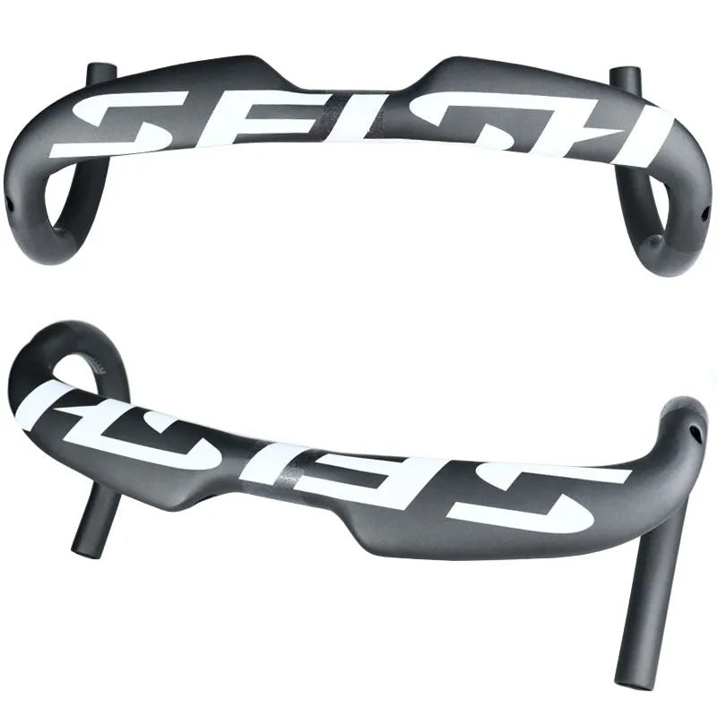 Carbon fibre road bike drop handlebar shown in a black finish, with ergonomic bends for brake hoods and drops.