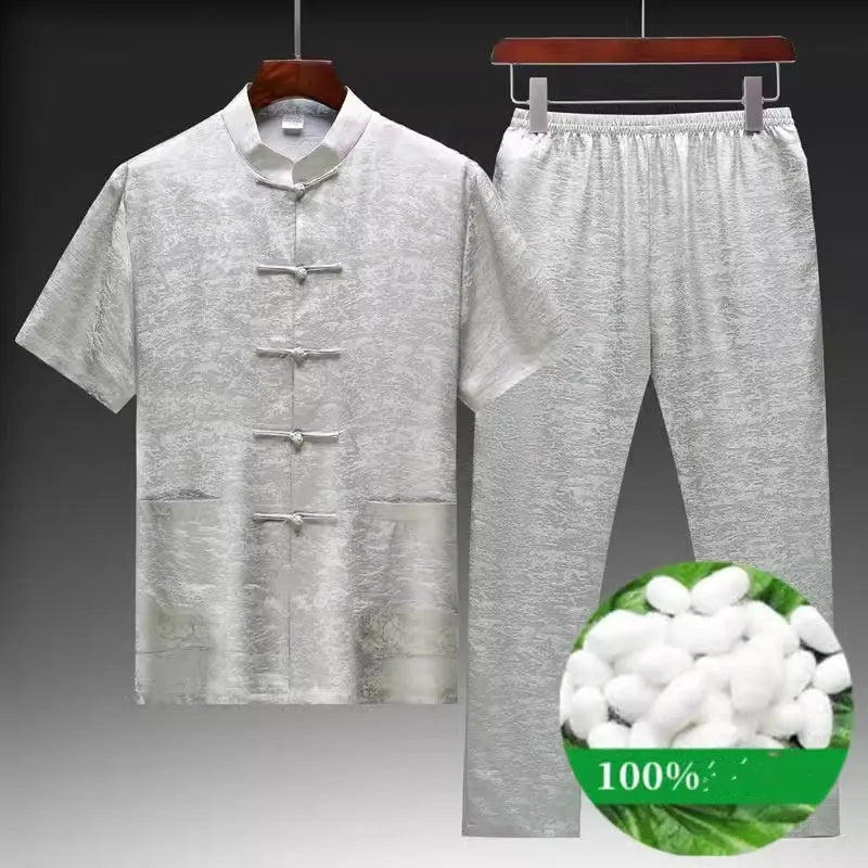 Men's traditional Chinese Tang suit in mulberry silk fabric with mandarin collar jacket and matching trousers