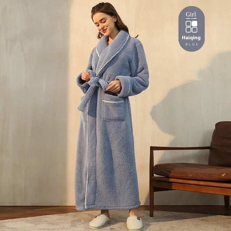 Thickened winter couple's bathrobe in Angola red flannel with European style cut and plus size options