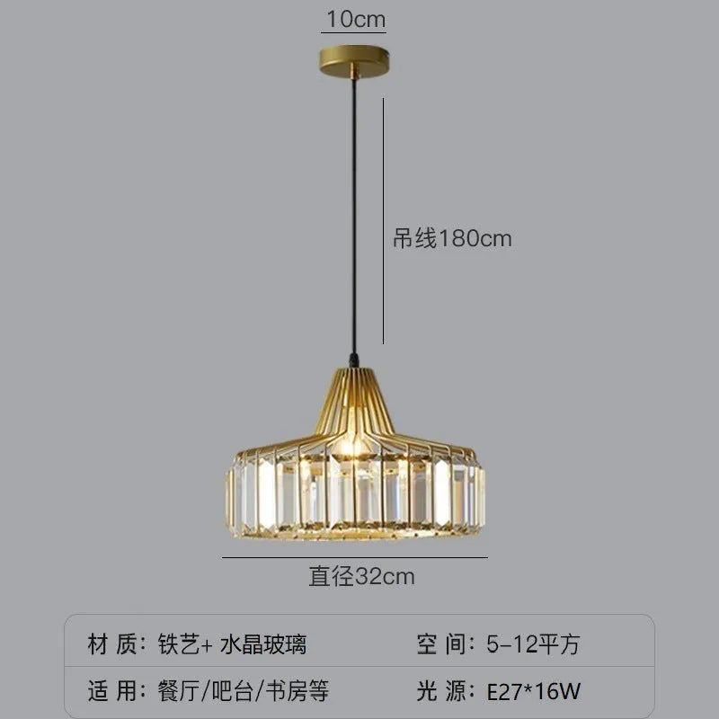 Modern crystal ceiling pendant lamp with LED lighting in gold finish showing crystal decorative elements