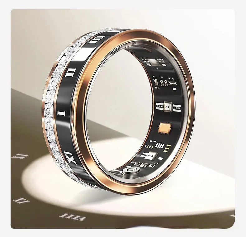Diamond-inlaid smart ring in silver or gold with blood oxygen monitoring, shown with charging cable