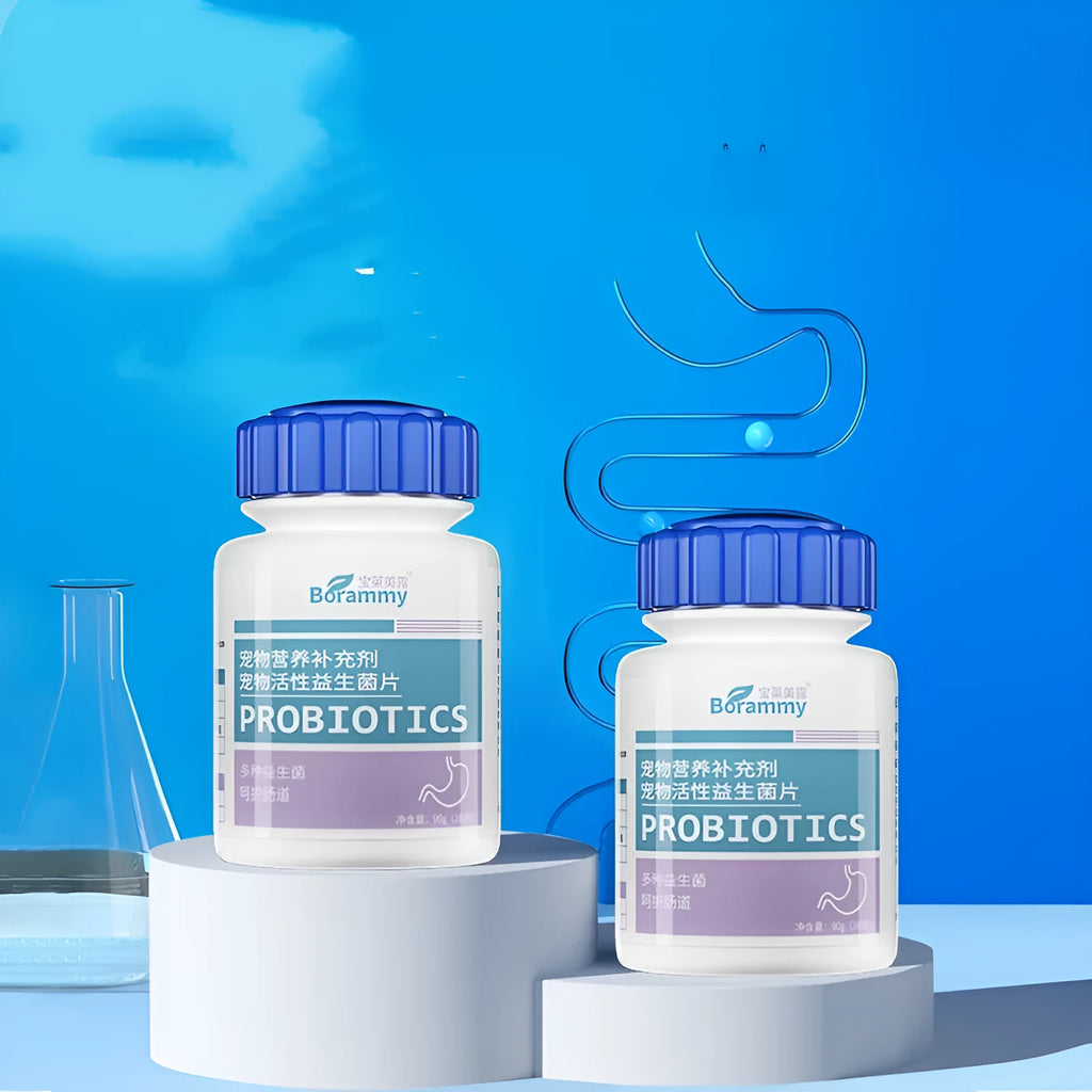 Bottle of 180 pet probiotic tablets for dogs and cats digestive health supplement
