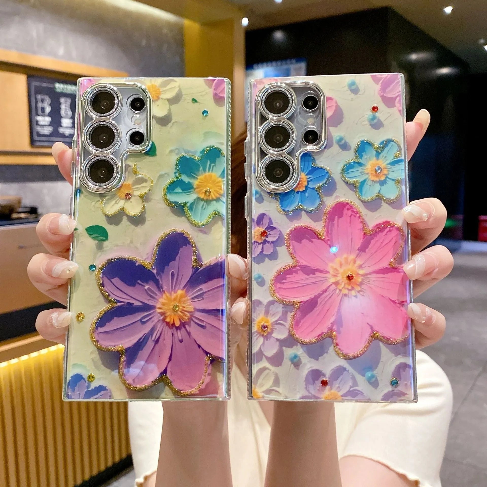 Luxury rhinestone oil painting flower phone case for Samsung with electroplating finish in blue on white background pattern