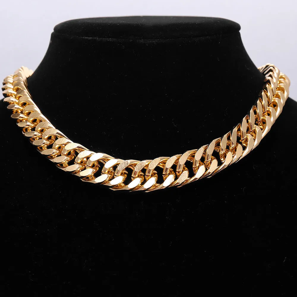 Women's thick gold electroplated chain necklace showing 6cm width links