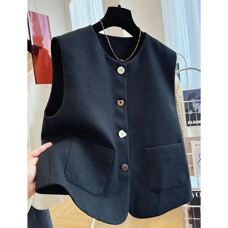 French style round neck bandage vest for women in polyester fabric, available in milky white or black