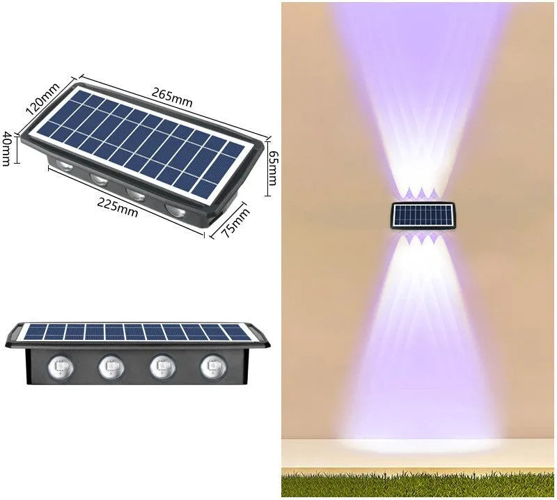 Solar outdoor wall light with 4 LED beads, ABS+PC housing, and glass polysilicon solar panel mounted on a brick wall