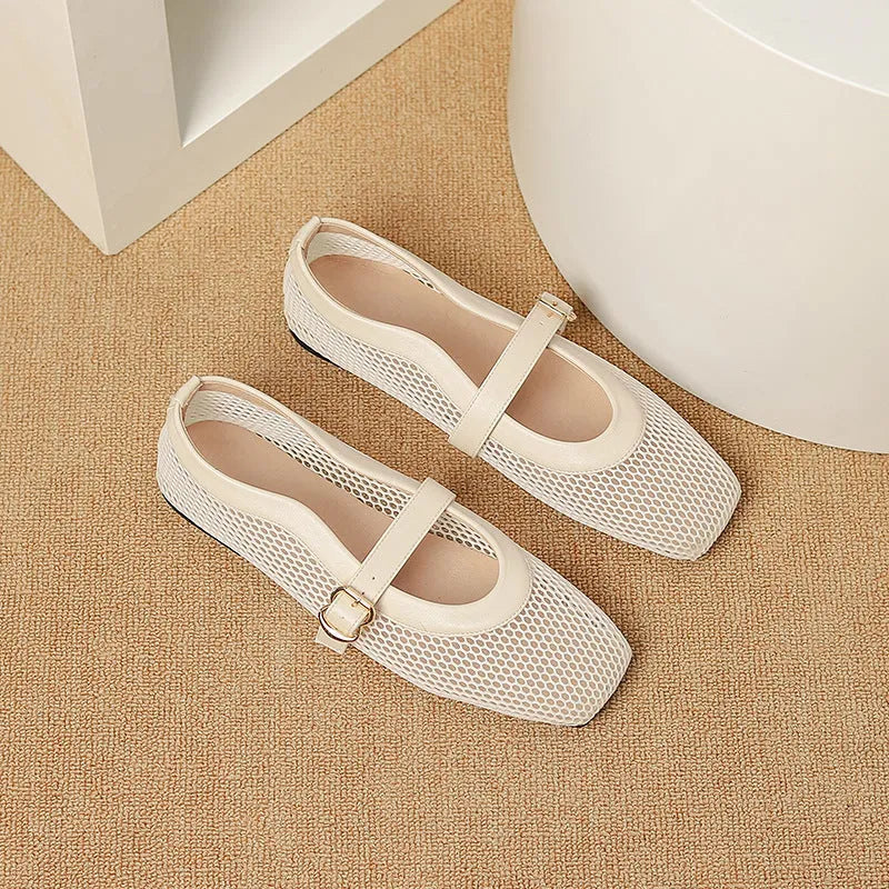 Women's black mesh summer shoes with square toe, low heel, and buckle fastening