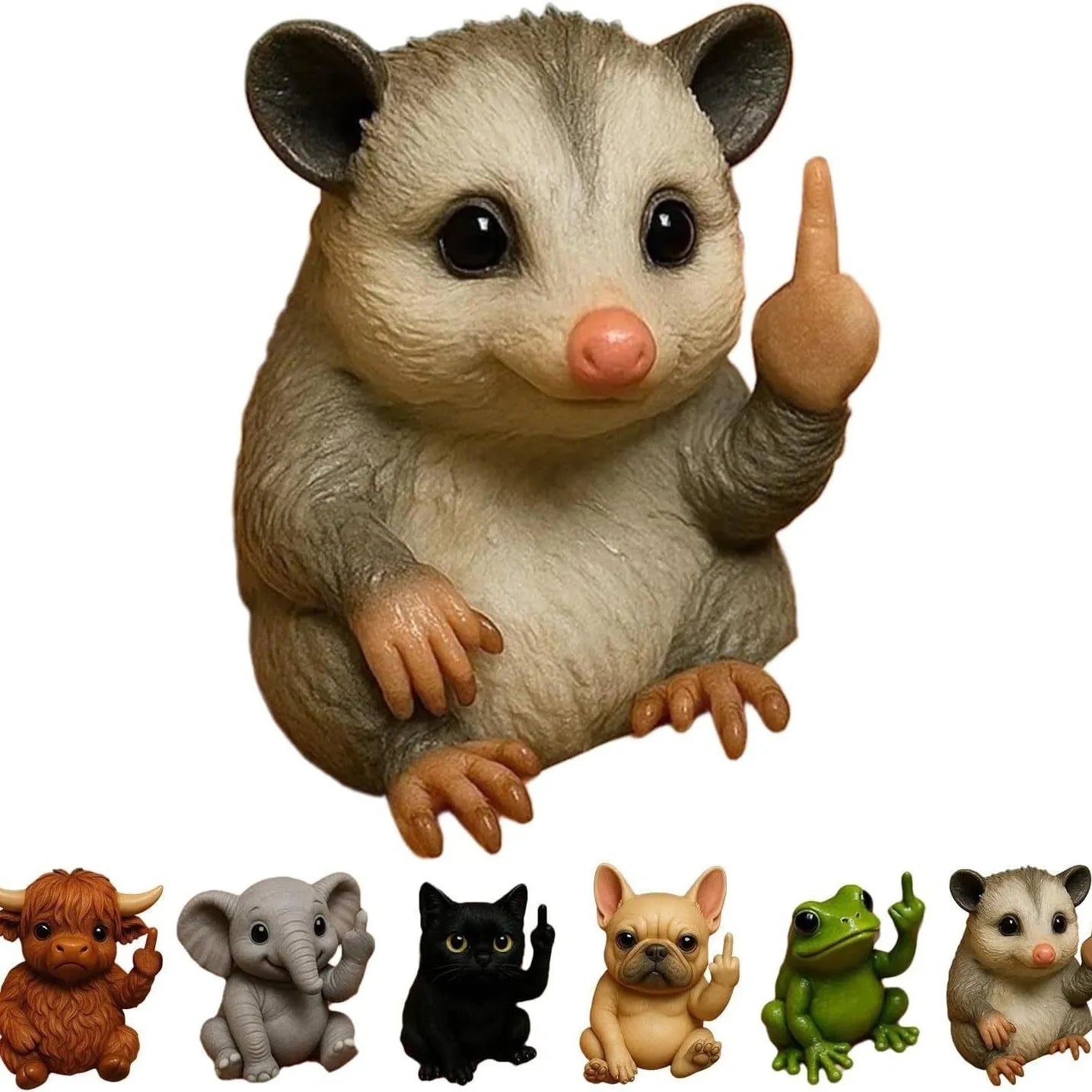 Mini resin animal middle finger ornament doll showing vertical gesture, available in seven animal styles