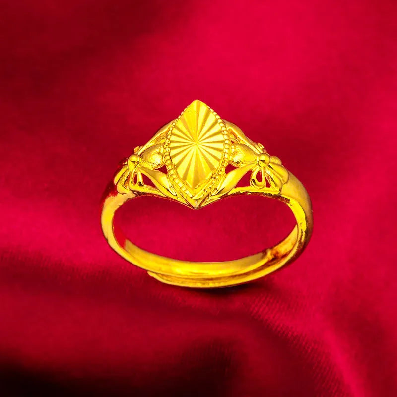Gold electroplated brass ring with open diamond flower geometric pattern for women