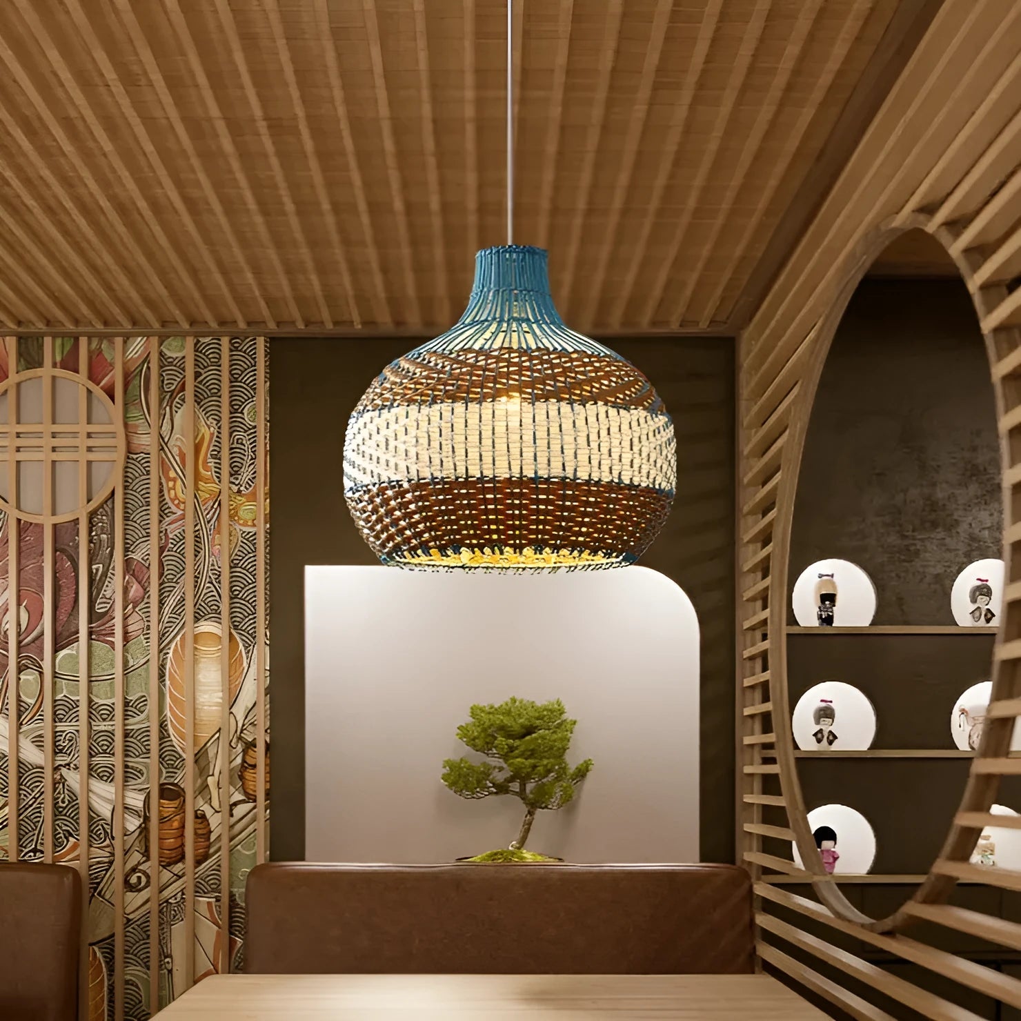 Vine woven rattan pendant lamp with natural textured shade in Southeast Asian tea room style