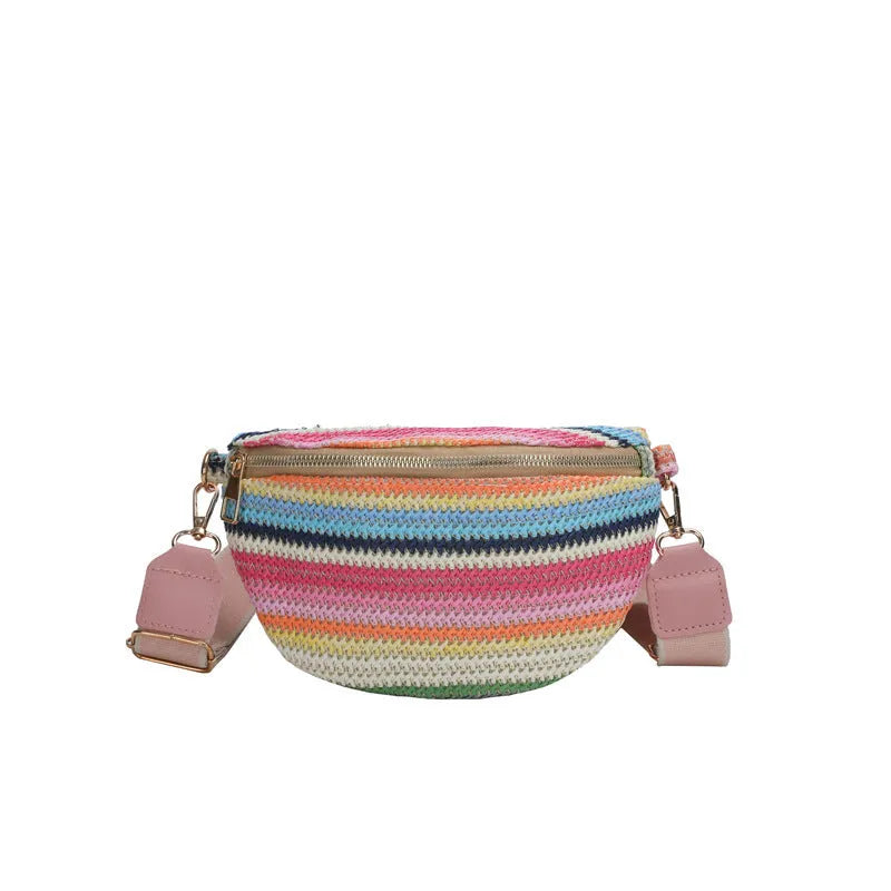Blue bohemian straw beach bag with shell shape and single shoulder strap