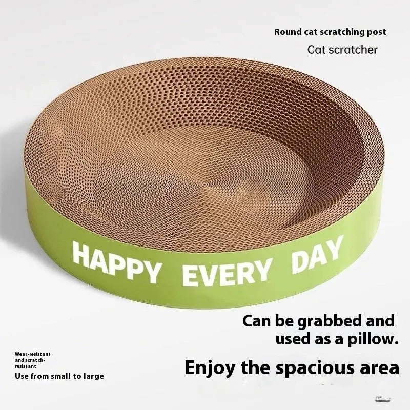 Green round cat scratching board nest bed with removable cushion, shown in 50cm and 55cm size options.