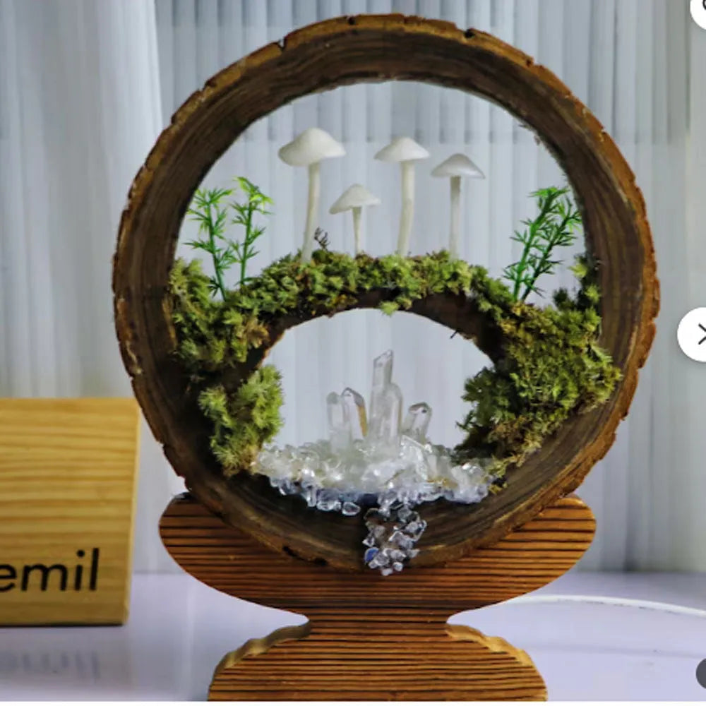 Handmade mushroom creative small night lamp with glass cover and fresh flowers in multicolor