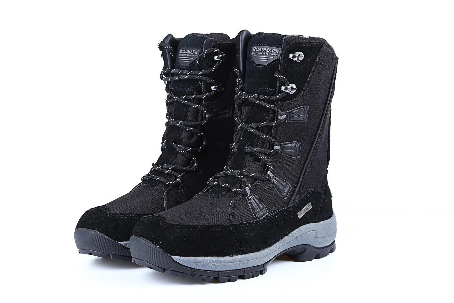 Women's mid-calf genuine leather snow boots in black with a round toe and rubber sole.