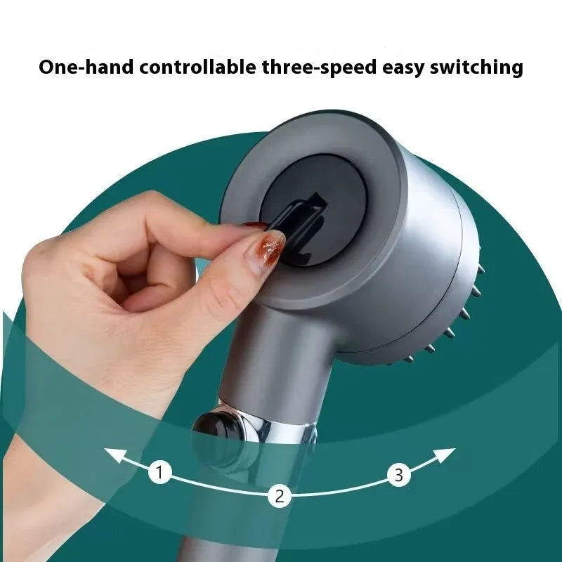 Portable white shower head with three water mode settings showing spray patterns