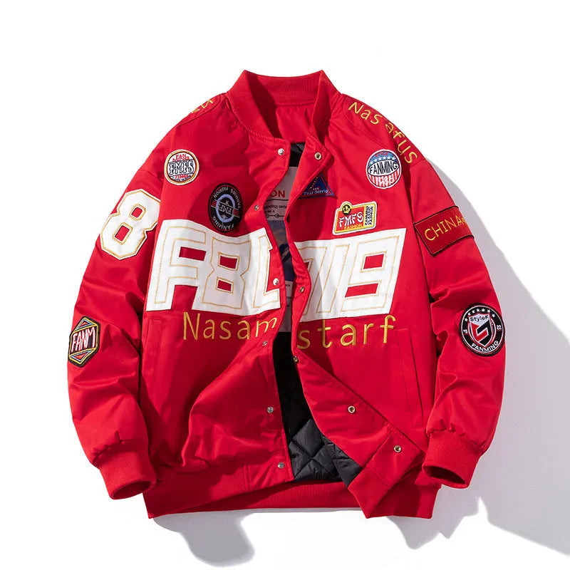 Black motorcycle baseball uniform jacket with removable hood shown in loose fit sizing
