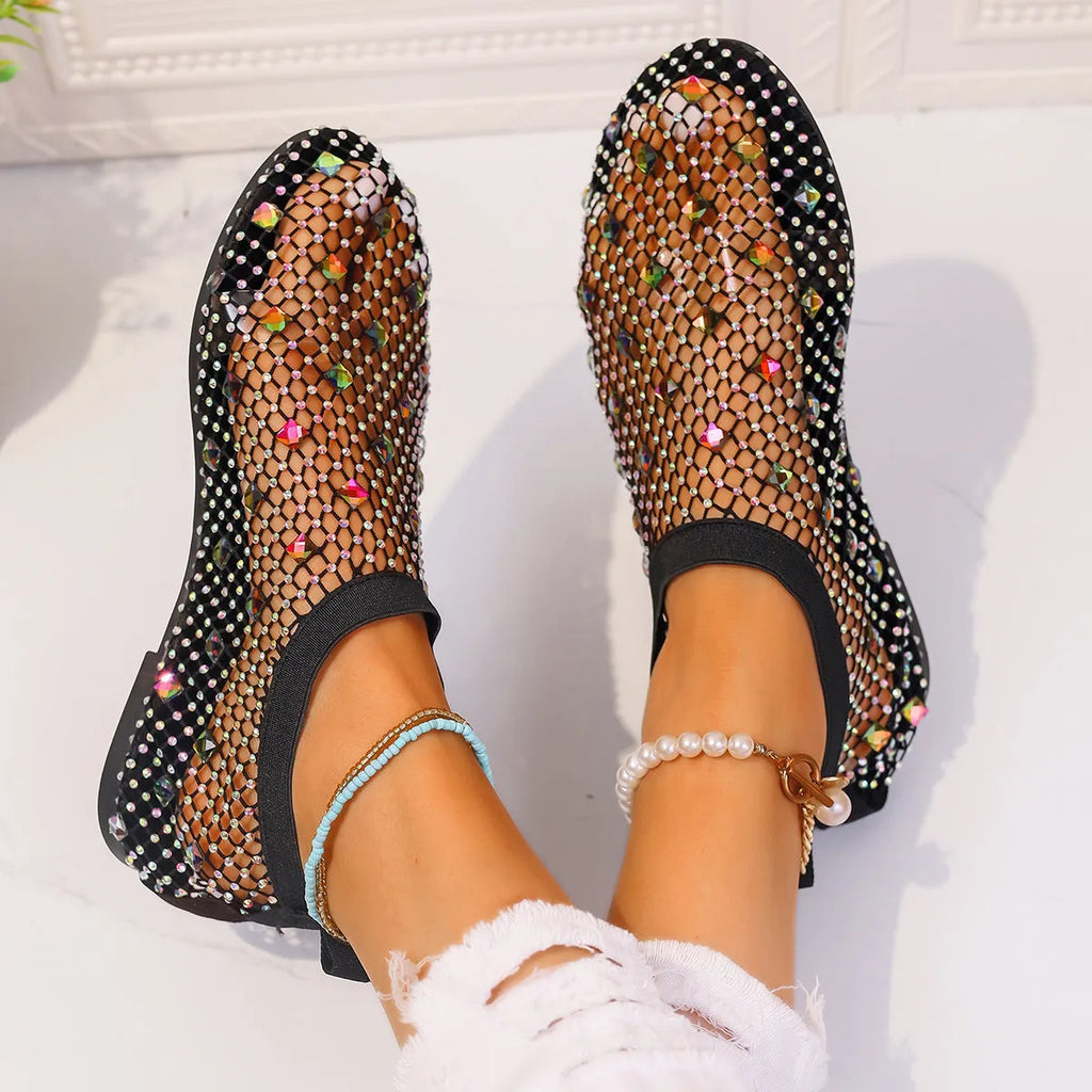 Women's colourful rhinestone decorated mesh flat sandals with round toe and rubber soles