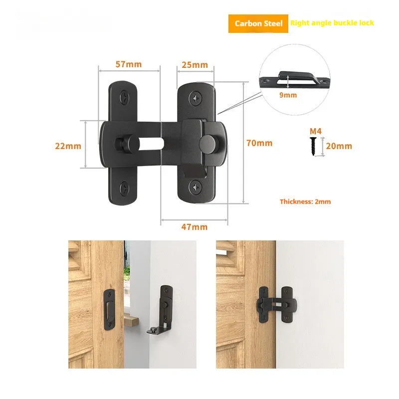 Black carbon steel and stainless steel sliding door lock with 90-degree hasp for barn and warehouse doors