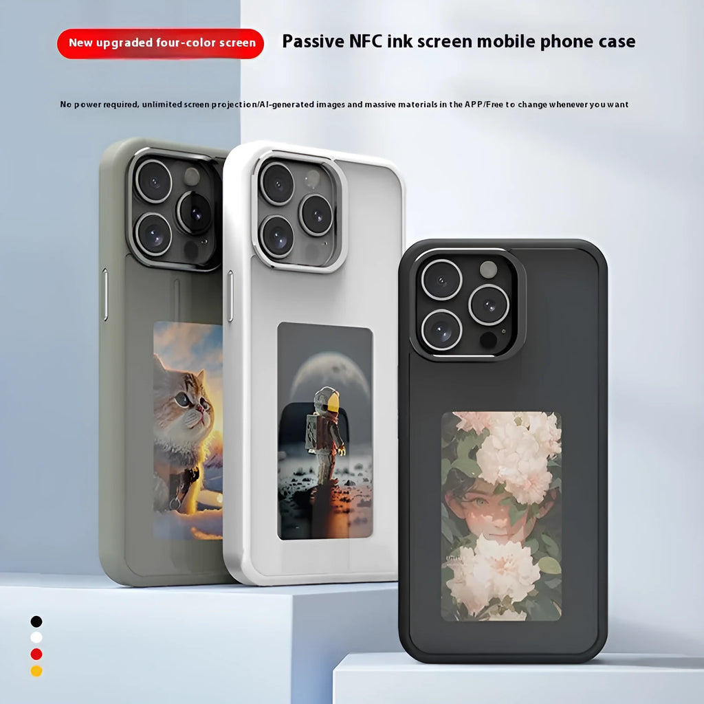 NFC E-ink screen bracket phone case for iPhone Pro Max in green, pink, or black.