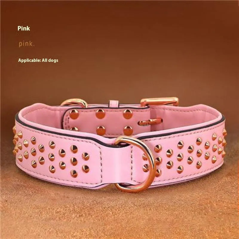 Leather dog collar with metal rivets in chocolate brown, shown in size L
