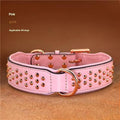 Leather dog collar with metal rivets in chocolate brown, shown in size L