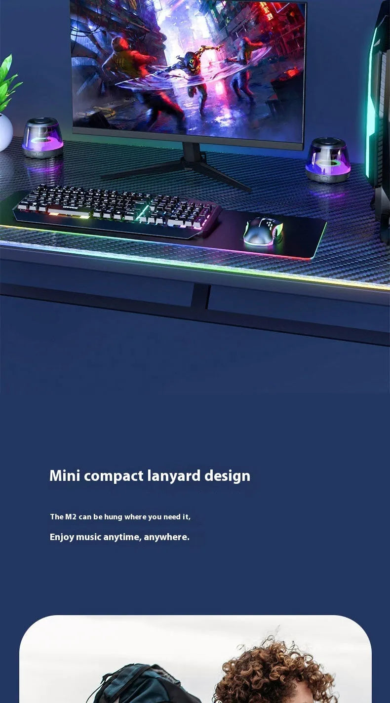 Compact white Bluetooth speaker with ambient lighting effects on metallic surface