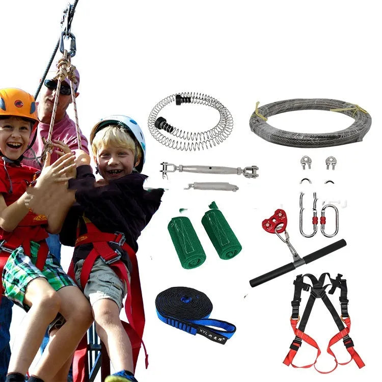 XYL Ziptreck children's outdoor pulley slide rope kit with steel cable, handle, carabiners, and tree straps on a 10m reel.
