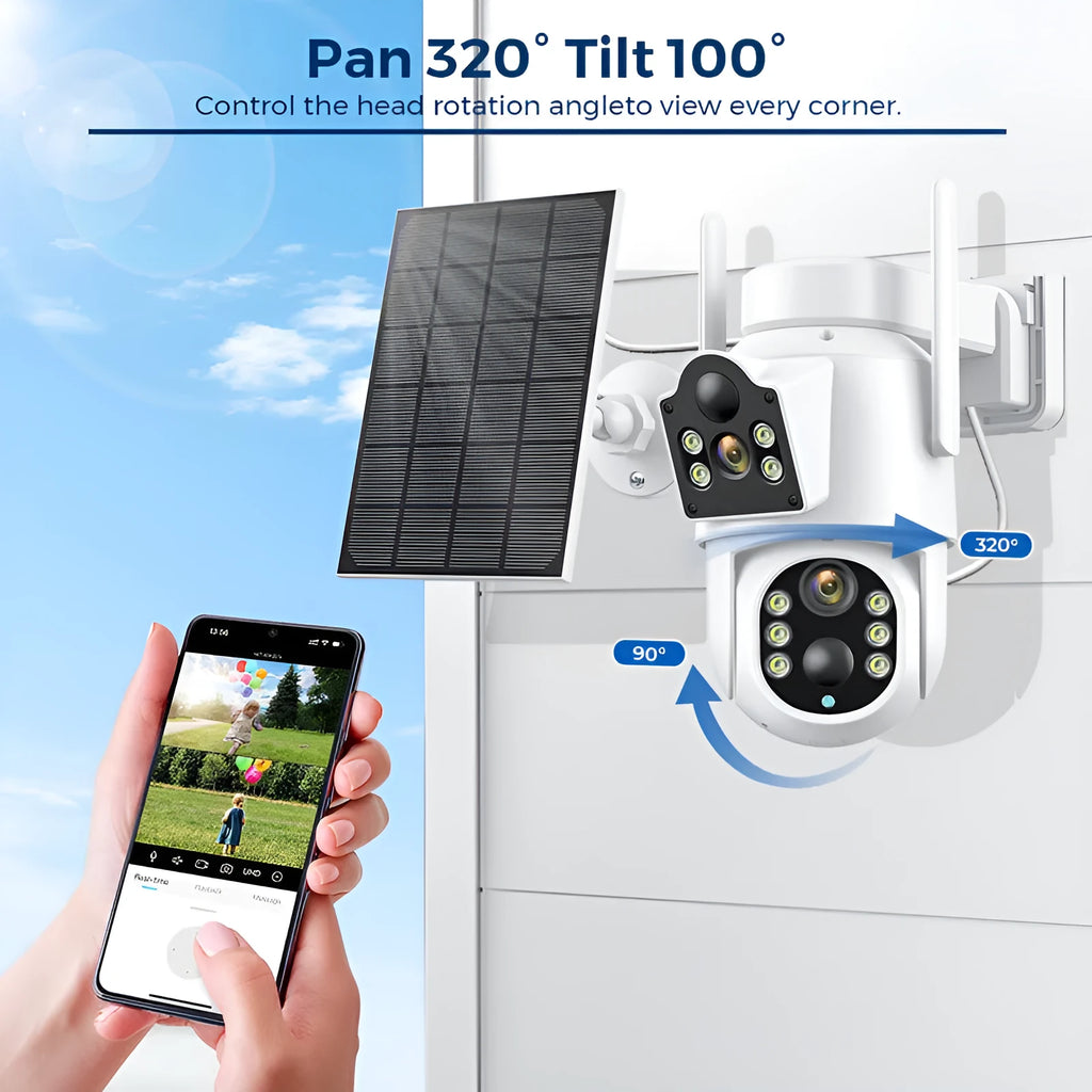 Outdoor solar wifi security camera with solar panel in garden setting