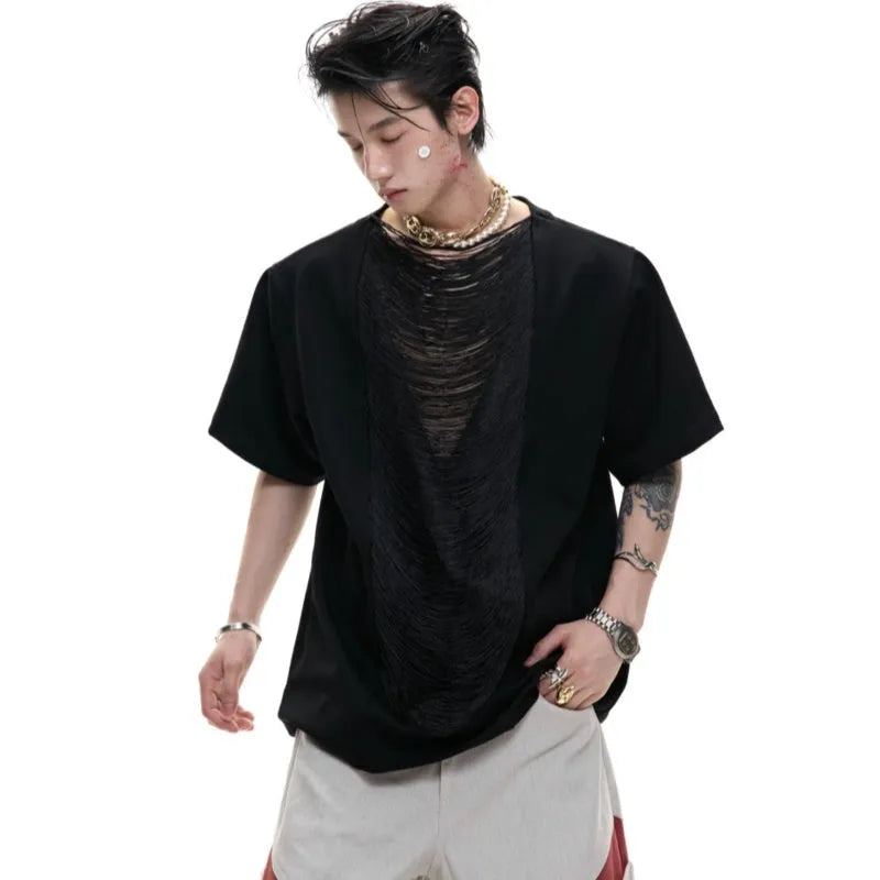 Men's loose-fit black polyester t-shirt with three-dimensional cutting and short sleeves