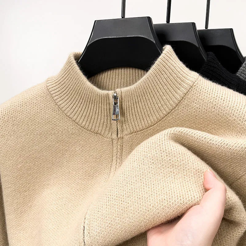 Men's black stand collar knitted cardigan with front zip closure in loose fit