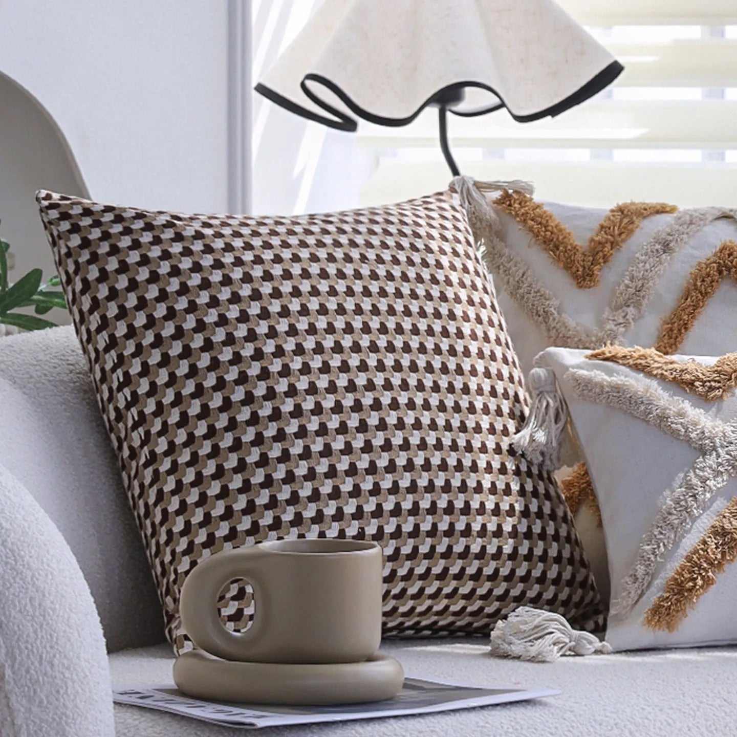 Geometric abstract modern minimalist yarn-dyed TIHUA pillowcase 45x45cm in orange, blue, green, and brown colour options