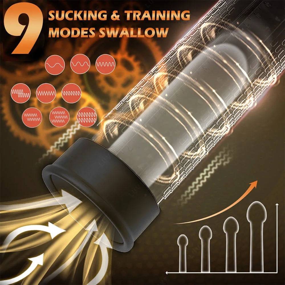 Men's masturbation device with diqiao electric training pump unit made from black ABS and grey TPE.