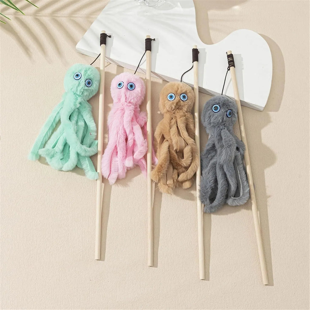 Colourful octopus cat toy on a long stick for indoor kittens and cats