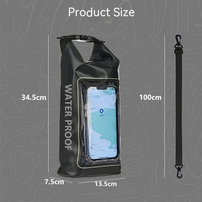 Black waterproof crossbody PVC bag for mobile phones, shown in 2L and 5L sizes.