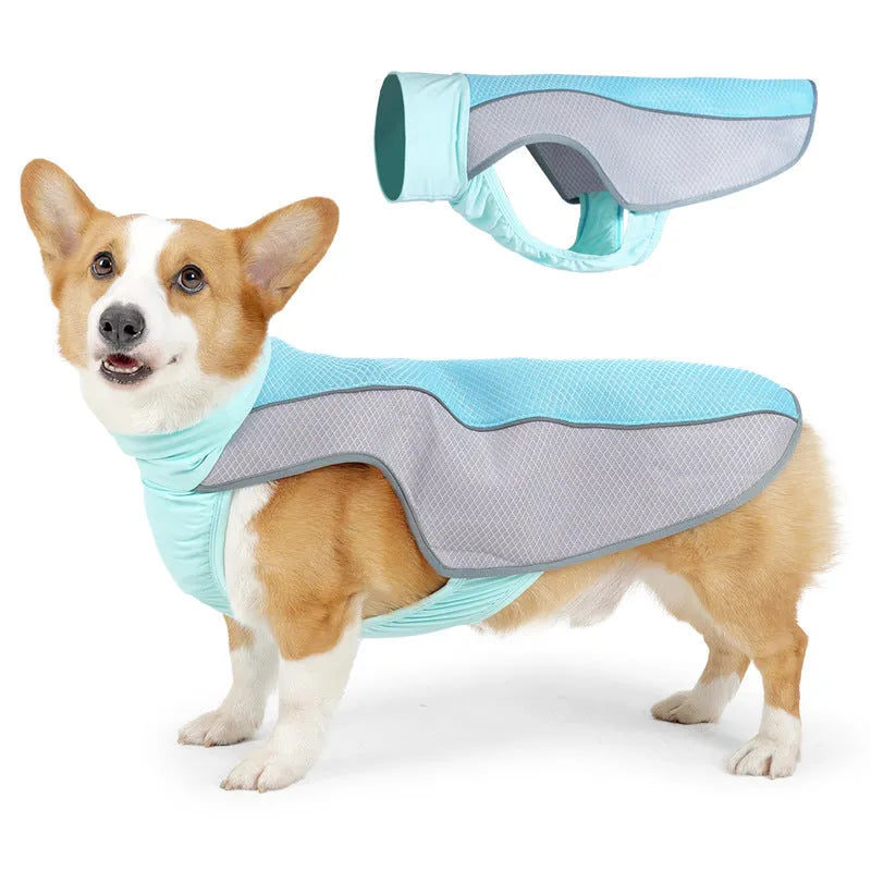 Light grey breathable polyester mesh cooling vest for a dog on a size chart showing S, M, L, XL measurements.