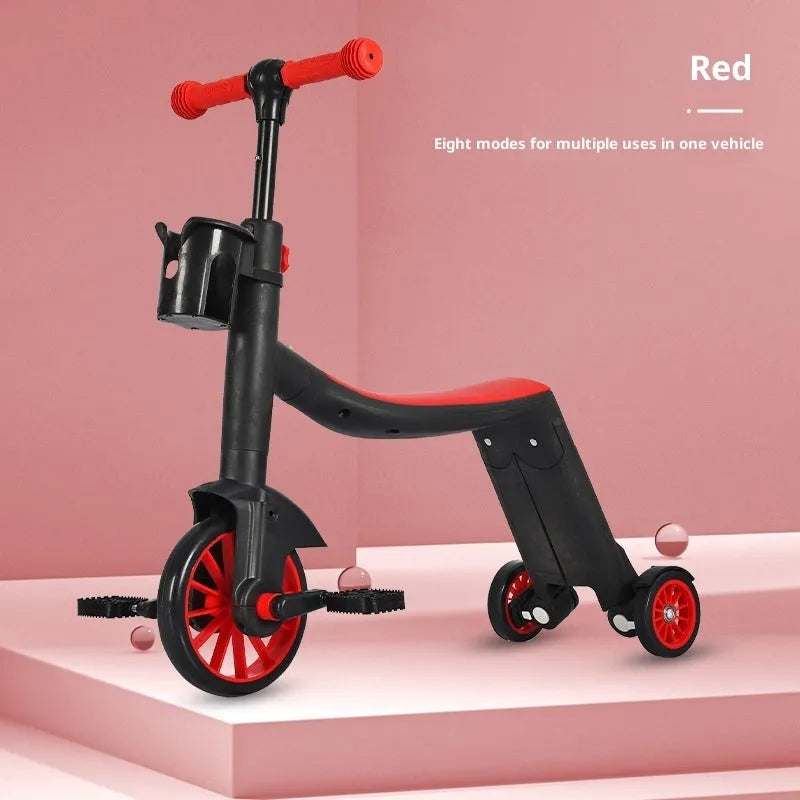 Multifunctional eight-in-one baby plastic scooter with push handle in blue skateboard option