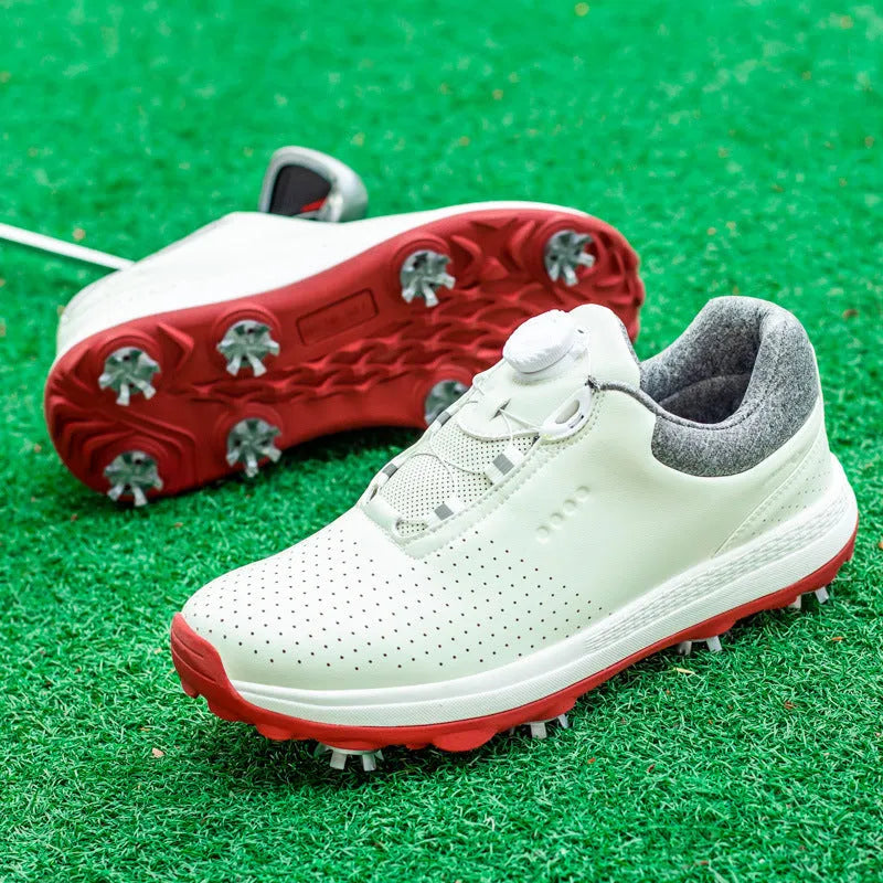 Golf fashion low top platform sneaker with embroidered line detail and non-slip rubber outsole, side view, in white colour option