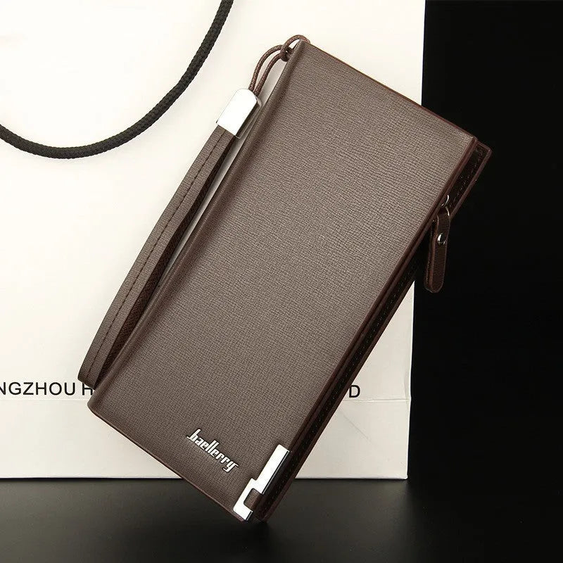 Men's black PU leather wallet with full-length zipper closure showing open compartment