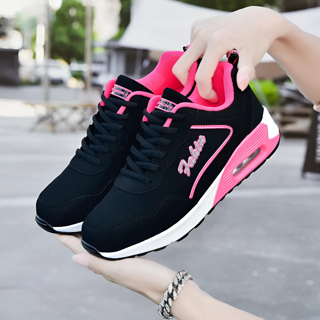 Women's spring leather air cushion sports shoes, flat heel, low top, lace-up, available in black pink and black purple colourways